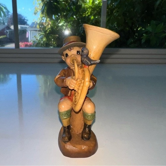 Vintage ANRI Ferrandiz Hand Carved Wood Figurine Italy Signed Boy Tuba Bluebird - Picture 1 of 5